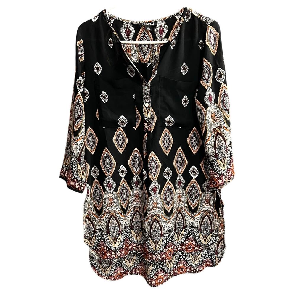 Roz & Ali Black Boho Patterned Popover Tunic High Low Hem 3/4 Sleeve Size M